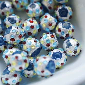 复刻透明蓝底彩色霓虹灯配色银箔圆珠~日本进口灯工玻璃琉璃珠立体波点 11MM