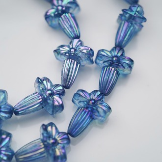 复古蓝色极光AB彩~树脂制古董珠奥地利制稀有鸢尾花喇叭花 18X14MM