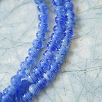 串装~稀有海蓝色白色条纹mix迷你手造绝美圆珠~日本进口中古古董灯工玻璃琉璃珠 约5MM