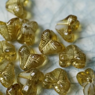 亮面蜂蜜黄渐变夹心描金色~铃兰扁形古董珠形四叶花托捷克珠玻璃珠琉璃珠 9X13MM