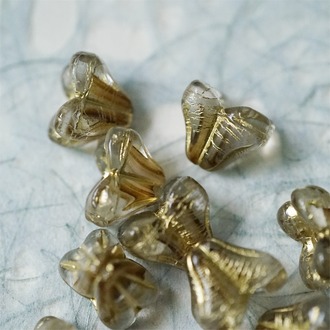 亮面冰美式棕色渐变夹心描金色~铃兰扁形古董珠形四叶花托捷克珠玻璃珠琉璃珠 9X13MM