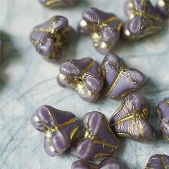 亮面香芋紫色描金色~铃兰扁形古董珠形四叶花托捷克珠玻璃珠琉璃珠 9X13MM