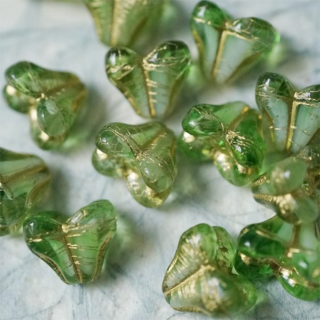 亮面清新水草绿渐变夹心描金色~铃兰扁形古董珠形四叶花托捷克珠玻璃珠琉璃珠 9X13MM-5