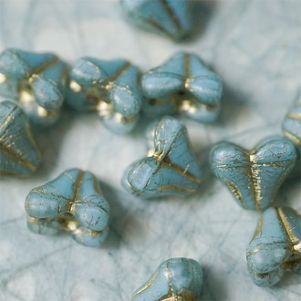 雾面丝绸天蓝色描金色~铃兰扁形古董珠形四叶花托捷克珠玻璃珠琉璃珠 9X13MM