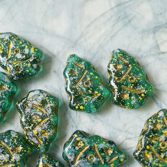 绿色洒落雪花星闪喷绘~圣诞树捷克珠玻璃琉璃珠17X12MM