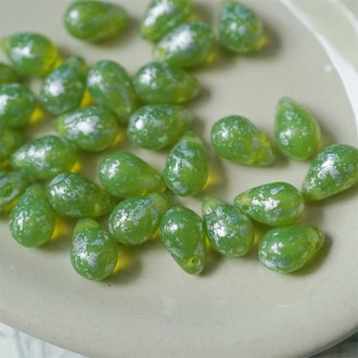 蛋白玉绿烫银撒银点~常规水滴珠捷克珠玻璃琉璃珠 6X9MM