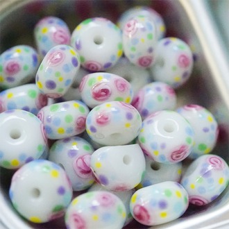新批次馥郁玫瑰奶油彩色波点花园复刻古董珠花色~扁圆形百搭算盘珠日本进口灯工玻璃琉璃珠 尺寸13X8MM