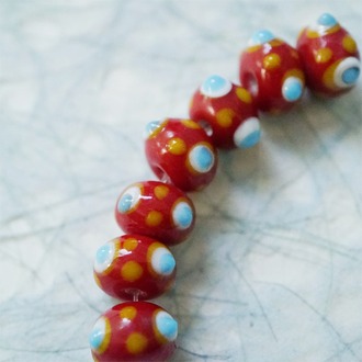 经典红蓝拼色飞盘立体波点~手造精致扁圆珠日本进口中古古董灯工玻璃琉璃珠 8X14MM