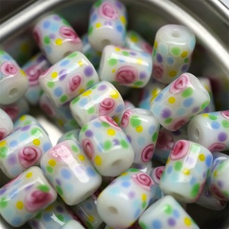 新批次馥郁玫瑰奶油彩色波点花园复刻古董珠花色~手造可爱小圆柱日本进口灯工玻璃琉璃珠 尺寸约9X12MM