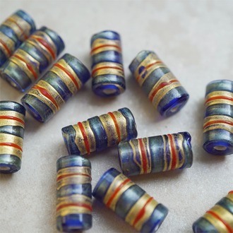 复古配色蓝底线条熔岩琉璃金箔~手造稀有圆柱直孔珠日本进口中古古董灯工玻璃琉璃珠 约18X9MM
