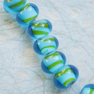 【样品】透蓝色外层黄色条纹夹心~手造精致扁圆珠日本进口中古古董灯工玻璃琉璃珠 8X13MM