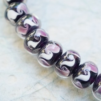 【样品】透明外层黑紫白云朵纹~手造精致扁圆珠日本进口中古古董灯工玻璃琉璃珠 9X14MM