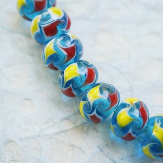 【样品】经典红黄蓝配色云朵格纹~手造精致扁圆珠日本进口中古古董灯工玻璃琉璃珠 8X13MM