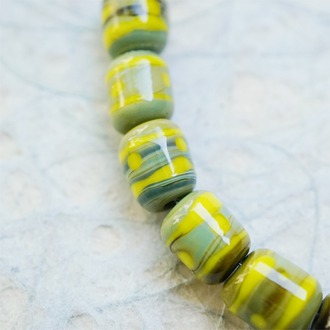 【样品】复古芥末黄条纹壁画符号小圆柱~手造精致圆柱珠日本进口中古古董灯工玻璃琉璃珠 10X11MM