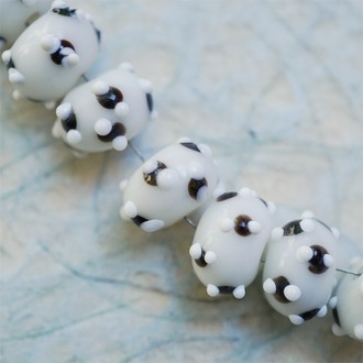 【样品】立体奶牛斑点纹波点感~手造精致扁圆珠日本进口中古古董灯工玻璃琉璃珠 9X14MM