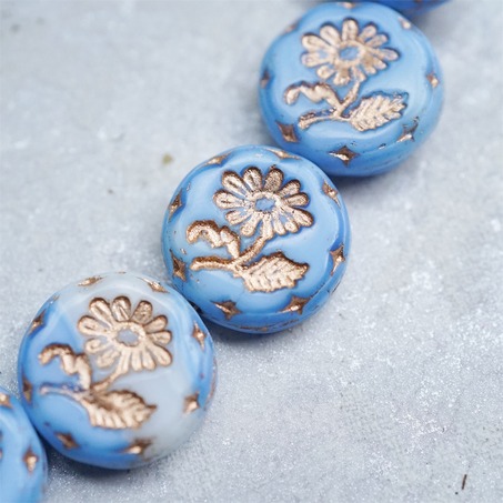 蓝天白云渐变描玫瑰金~捷克玻璃琉璃花朵镶花边扁圆古董珠 18MM