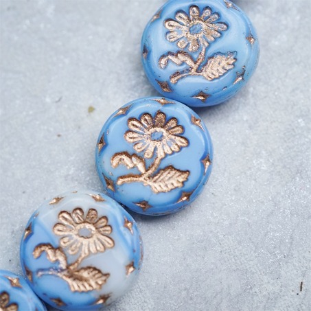 蓝天白云渐变描玫瑰金~捷克玻璃琉璃花朵镶花边扁圆古董珠 18MM-3
