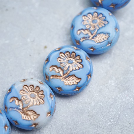蓝天白云渐变描玫瑰金~捷克玻璃琉璃花朵镶花边扁圆古董珠 18MM-2