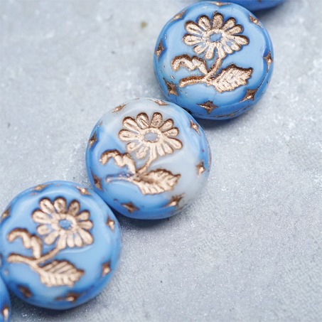 蓝天白云渐变描玫瑰金~捷克玻璃琉璃花朵镶花边扁圆古董珠 18MM-4