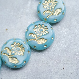 果冻蓝绿丝绸感描金~捷克玻璃琉璃花朵镶花边扁圆古董珠 18MM