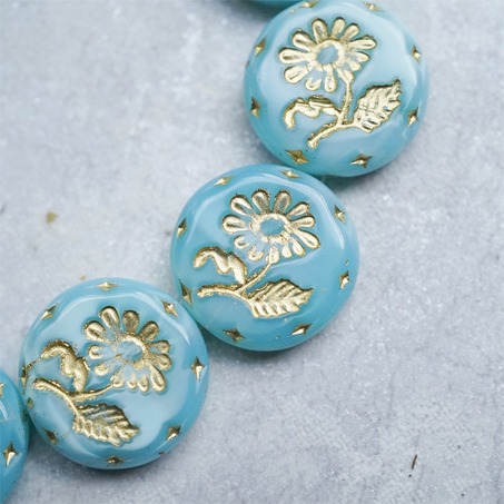 果冻蓝绿丝绸感描金~捷克玻璃琉璃花朵镶花边扁圆古董珠 18MM-3