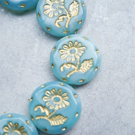 果冻蓝绿丝绸感描金~捷克玻璃琉璃花朵镶花边扁圆古董珠 18MM-2