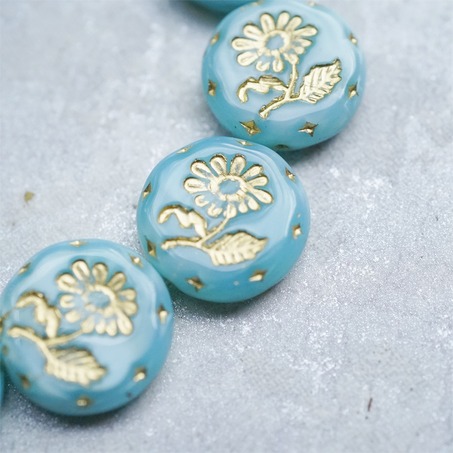 果冻蓝绿丝绸感描金~捷克玻璃琉璃花朵镶花边扁圆古董珠 18MM-4