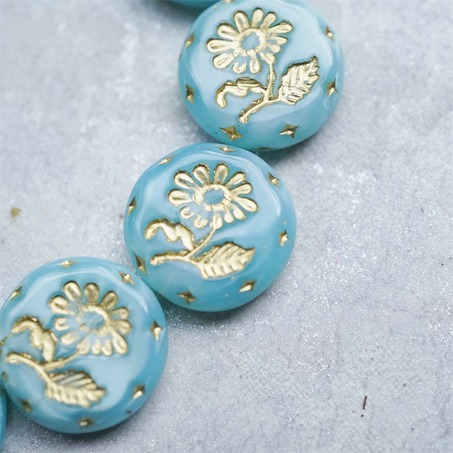 果冻蓝绿丝绸感描金~捷克玻璃琉璃花朵镶花边扁圆古董珠 18MM-5