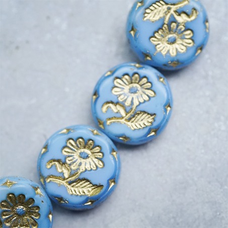 蓝色渐变白色描金~捷克玻璃琉璃花朵镶花边扁圆古董珠 18MM-1