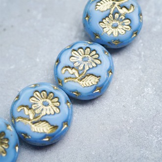 蓝色渐变白色描金~捷克玻璃琉璃花朵镶花边扁圆古董珠 18MM