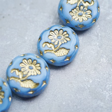 蓝色渐变白色描金~捷克玻璃琉璃花朵镶花边扁圆古董珠 18MM-4