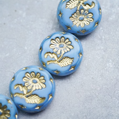 蓝色渐变白色描金~捷克玻璃琉璃花朵镶花边扁圆古董珠 18MM-5