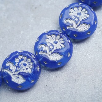 果冻宝蓝描银色~捷克玻璃琉璃花朵镶花边扁圆古董珠 18MM