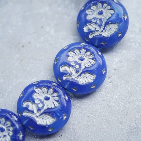 果冻宝蓝描银色~捷克玻璃琉璃花朵镶花边扁圆古董珠 18MM-2