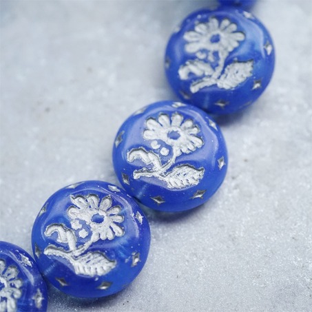 果冻宝蓝描银色~捷克玻璃琉璃花朵镶花边扁圆古董珠 18MM-3