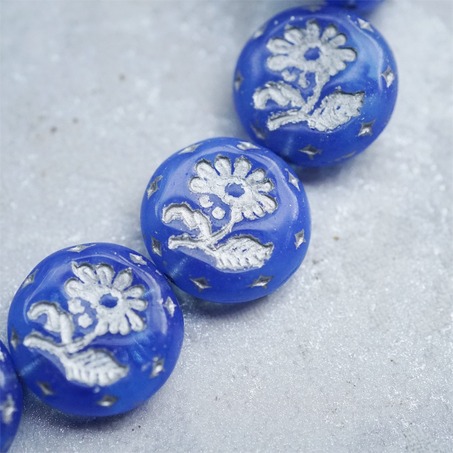 果冻宝蓝描银色~捷克玻璃琉璃花朵镶花边扁圆古董珠 18MM-4