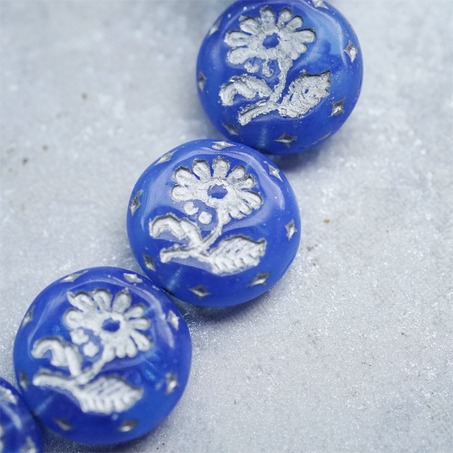 果冻宝蓝描银色~捷克玻璃琉璃花朵镶花边扁圆古董珠 18MM-5