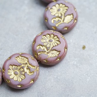 粉紫系渐变色描金~捷克玻璃琉璃花朵镶花边扁圆古董珠 18MM