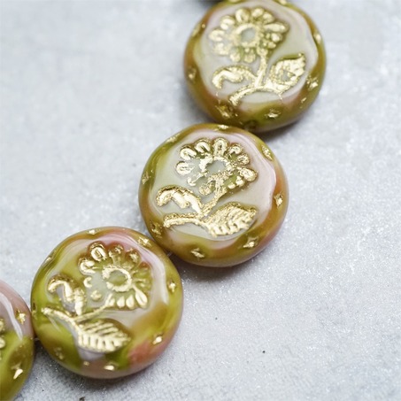 粉绿渐变色描金~捷克玻璃琉璃花朵镶花边扁圆古董珠 18MM-2
