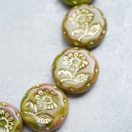 粉绿渐变色描金~捷克玻璃琉璃花朵镶花边扁圆古董珠 18MM-3