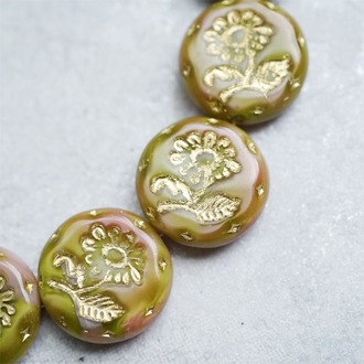 粉绿渐变色描金~捷克玻璃琉璃花朵镶花边扁圆古董珠 18MM