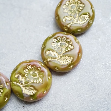 粉绿渐变色描金~捷克玻璃琉璃花朵镶花边扁圆古董珠 18MM-5
