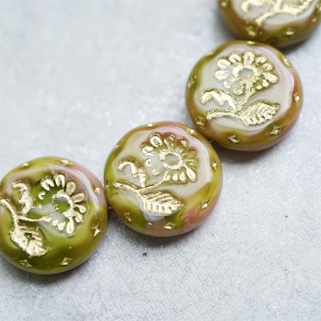 粉绿渐变色描金~捷克玻璃琉璃花朵镶花边扁圆古董珠 18MM-4