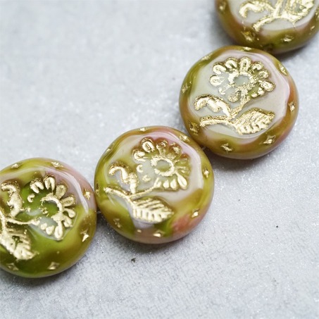 粉绿渐变色描金~捷克玻璃琉璃花朵镶花边扁圆古董珠 18MM-6