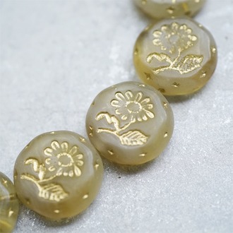 透浅棕色半透渐变色描金~捷克玻璃琉璃花朵镶花边扁圆古董珠 18MM