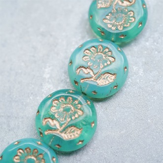 湖绿色果冻色描玫瑰金色~捷克玻璃琉璃花朵镶花边扁圆古董珠 18MM