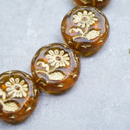 透酒色琥珀色描金~捷克玻璃琉璃花朵镶花边扁圆古董珠 18MM-5