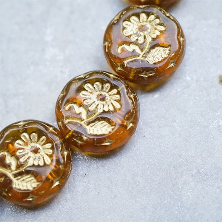 透酒色琥珀色描金~捷克玻璃琉璃花朵镶花边扁圆古董珠 18MM-6