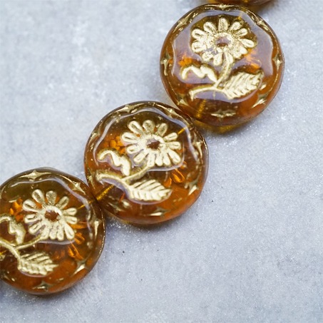 透酒色琥珀色描金~捷克玻璃琉璃花朵镶花边扁圆古董珠 18MM-4