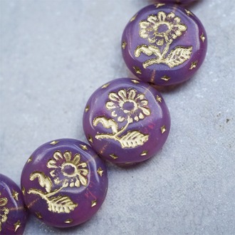 可爱果冻紫色描金~捷克玻璃琉璃花朵镶花边扁圆古董珠 18MM